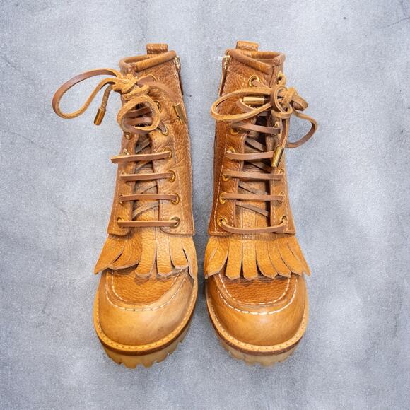 Vintage 2010s Tory Burch Howard Tan Leather Fringe Lug Wedge Boots Women’s 6 - Picture 4 of 10